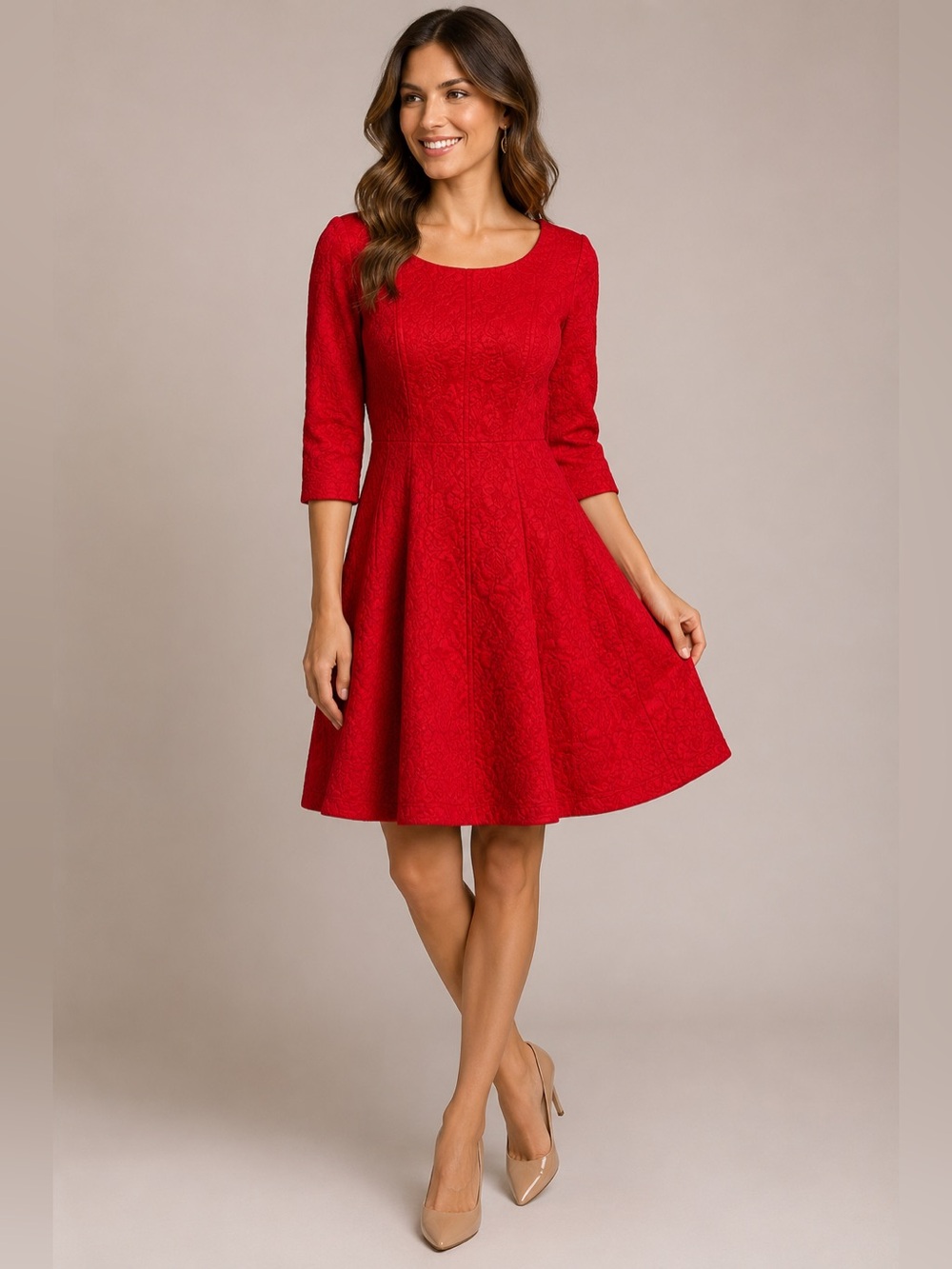 Just Taylor Red Textured Jacquard Fit & Flare Dress Size 10 Cocktail Feminine
